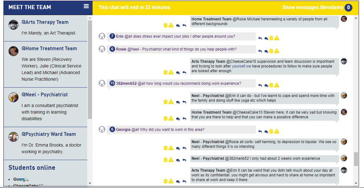 A screenshot of the Live Chat between students and healthcare workers