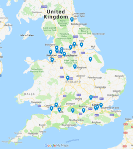 Map of England showing markers where 'I'm a Medic' schools are located